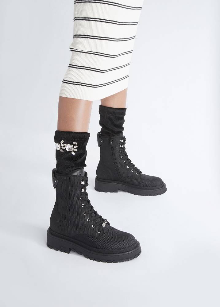 LIU JO RUMI 05 - COMBAT ANKLE BOOT WITH REMOVABLE JEWEL SOCK