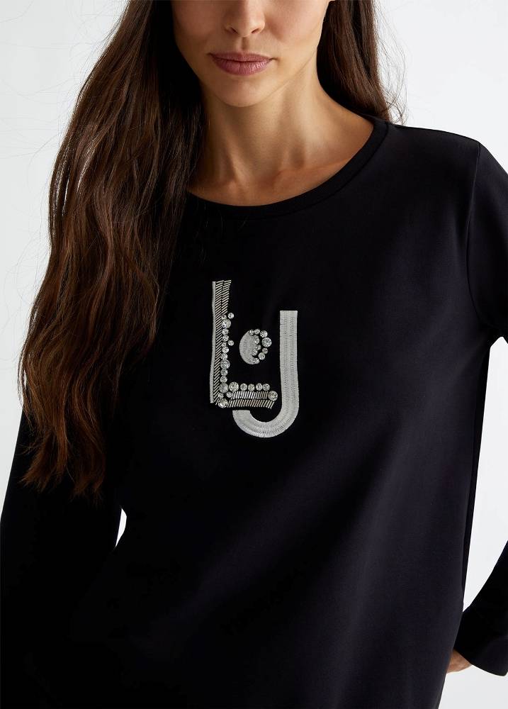 LIU JO SWEATER WITH LOGO AND GEMSTONES