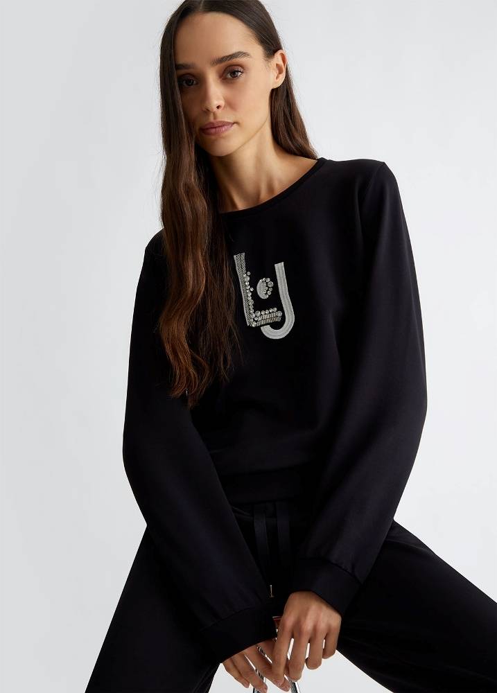 LIU JO SWEATER WITH LOGO AND GEMSTONES