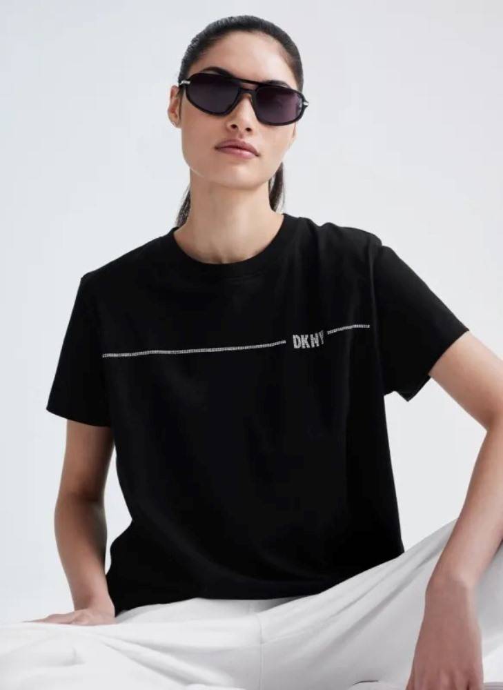 DKNY RHINESTONE STRIPE LOGO TEE