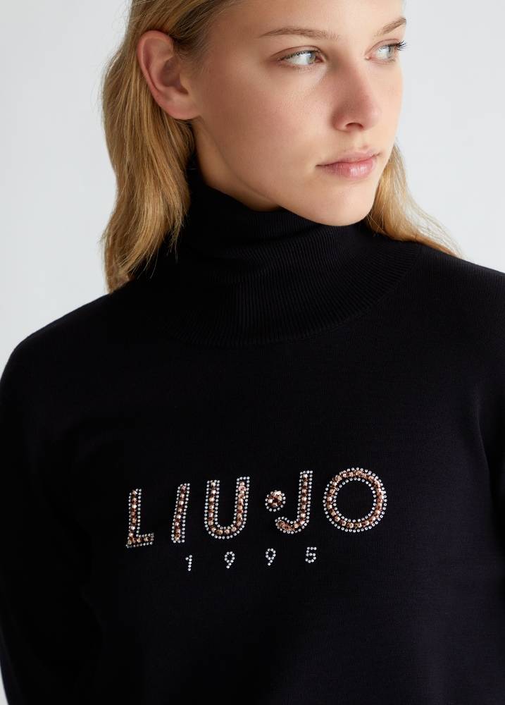 LIU JO TURTLENECK WITH LOGO AND RHINESTONES