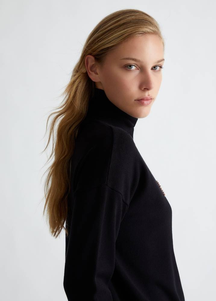 LIU JO TURTLENECK WITH LOGO AND RHINESTONES