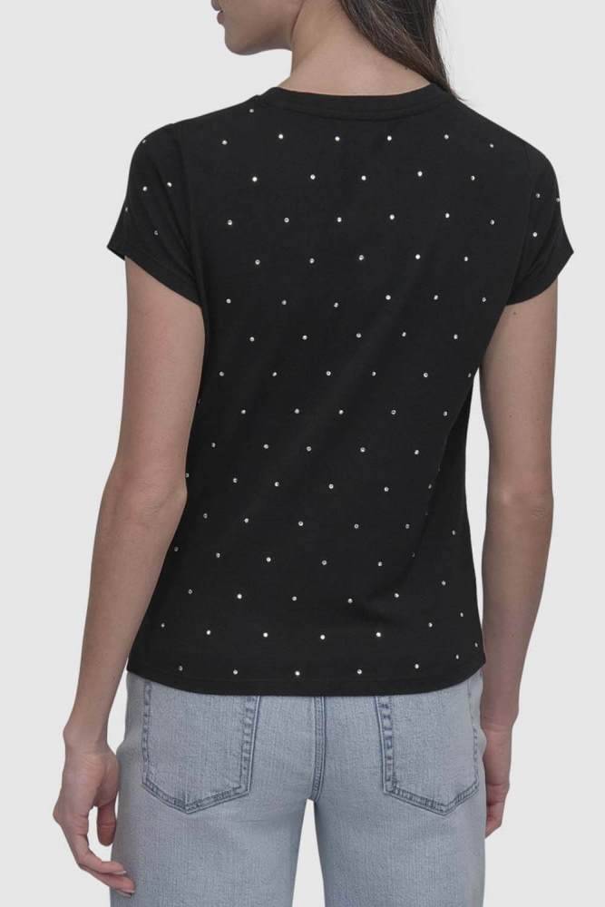 DKNY RHINESTONES CREW NECK FITTED LOGO TEE