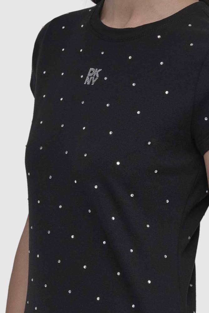 DKNY RHINESTONES CREW NECK FITTED LOGO TEE