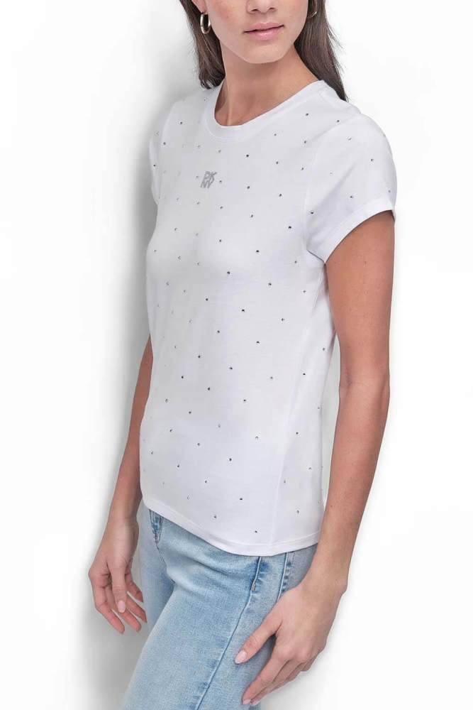 DKNY RHINESTONES CREW NECK FITTED LOGO TEE