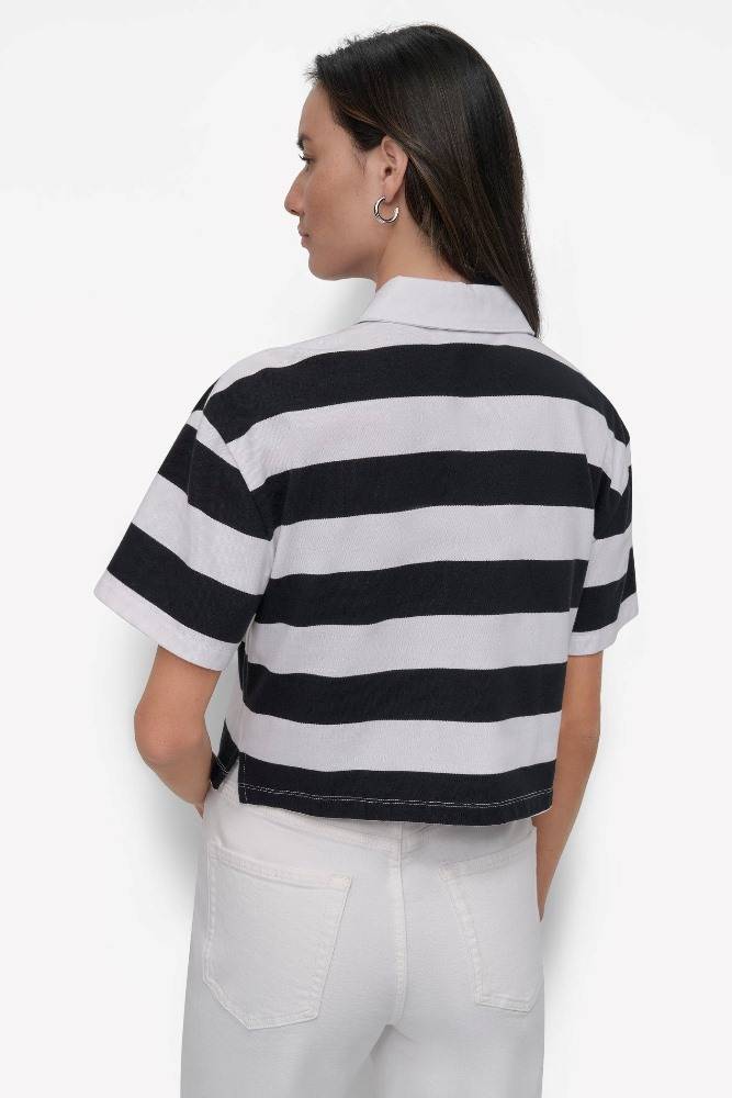 DKNY RUGBY STRIPE BOXY POLO WITH WOVEN TWILL COLLAR