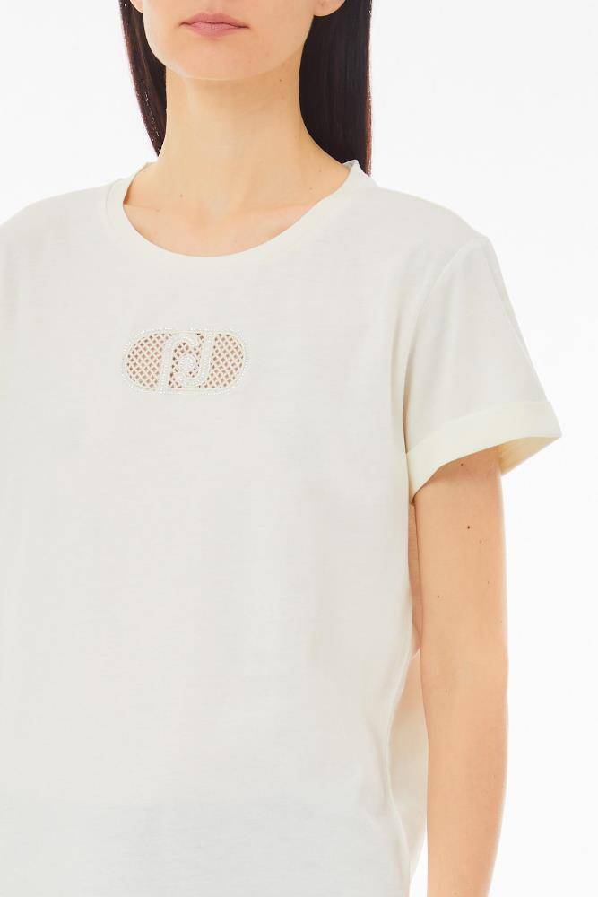 LIU JO COTTON T-SHIRT WITH LOGO AND RHINESTONES