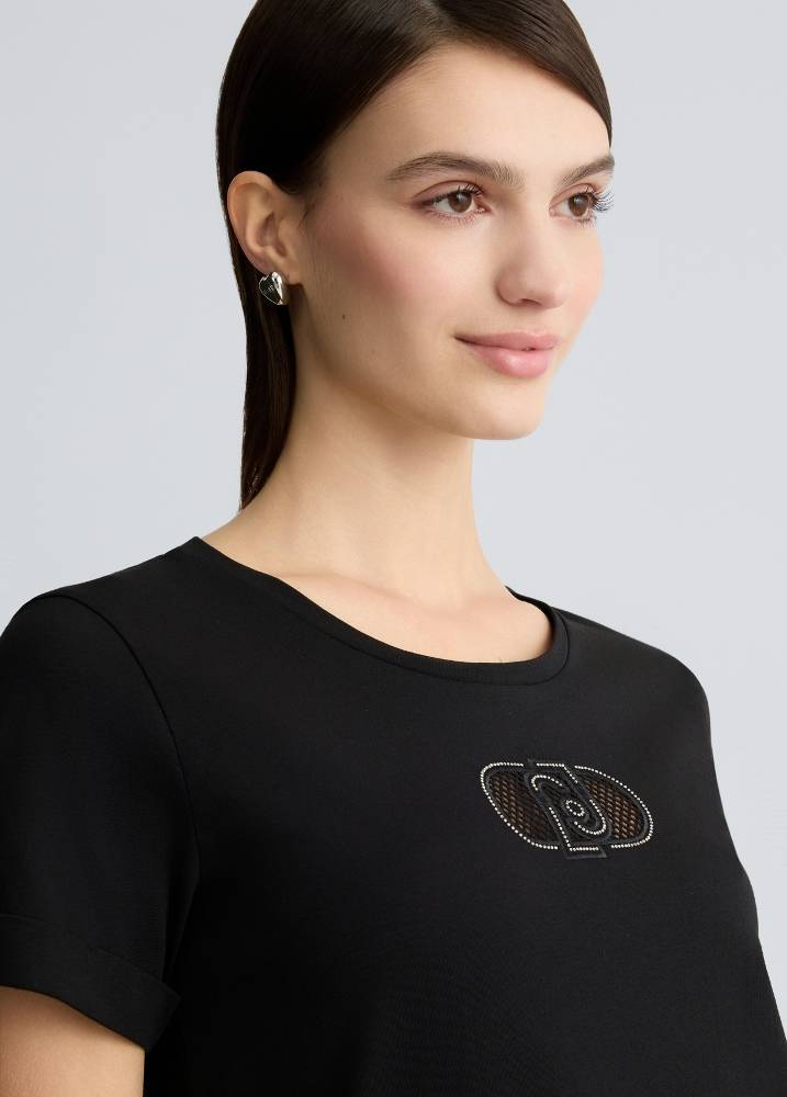 LIU JO COTTON T-SHIRT WITH LOGO AND RHINESTONES