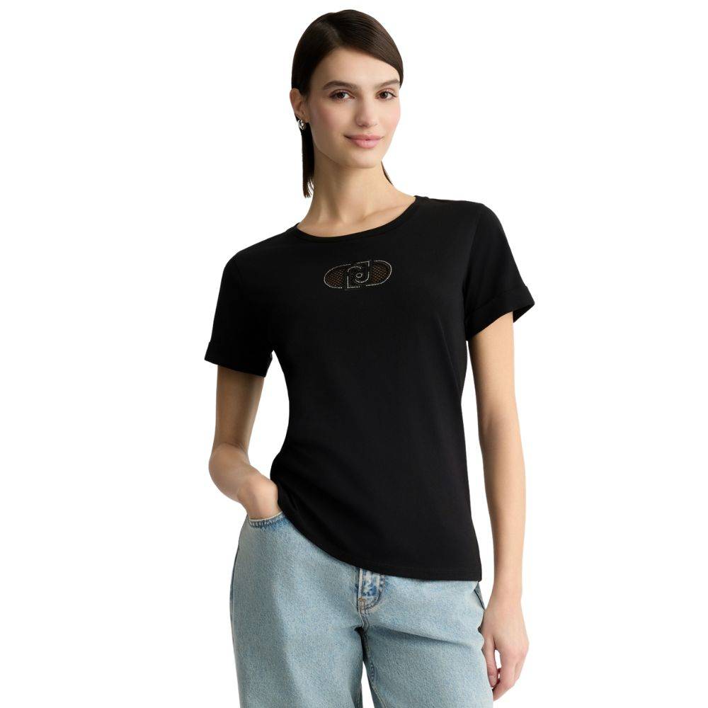 LIU JO COTTON T-SHIRT WITH LOGO AND RHINESTONES