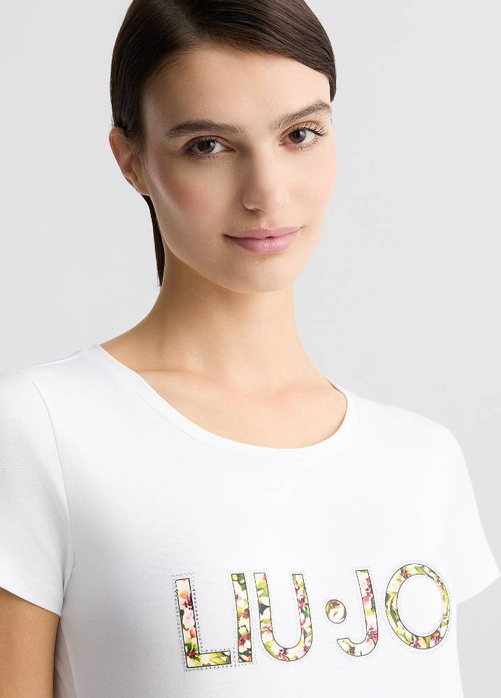 LIU JO FLORAL LOGO AND GEMSTONES T-SHIRT