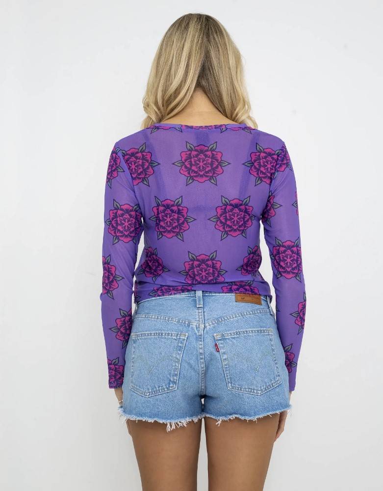 SANTA CRUZ DELFINO FLOWER MESH CROP LS TOP