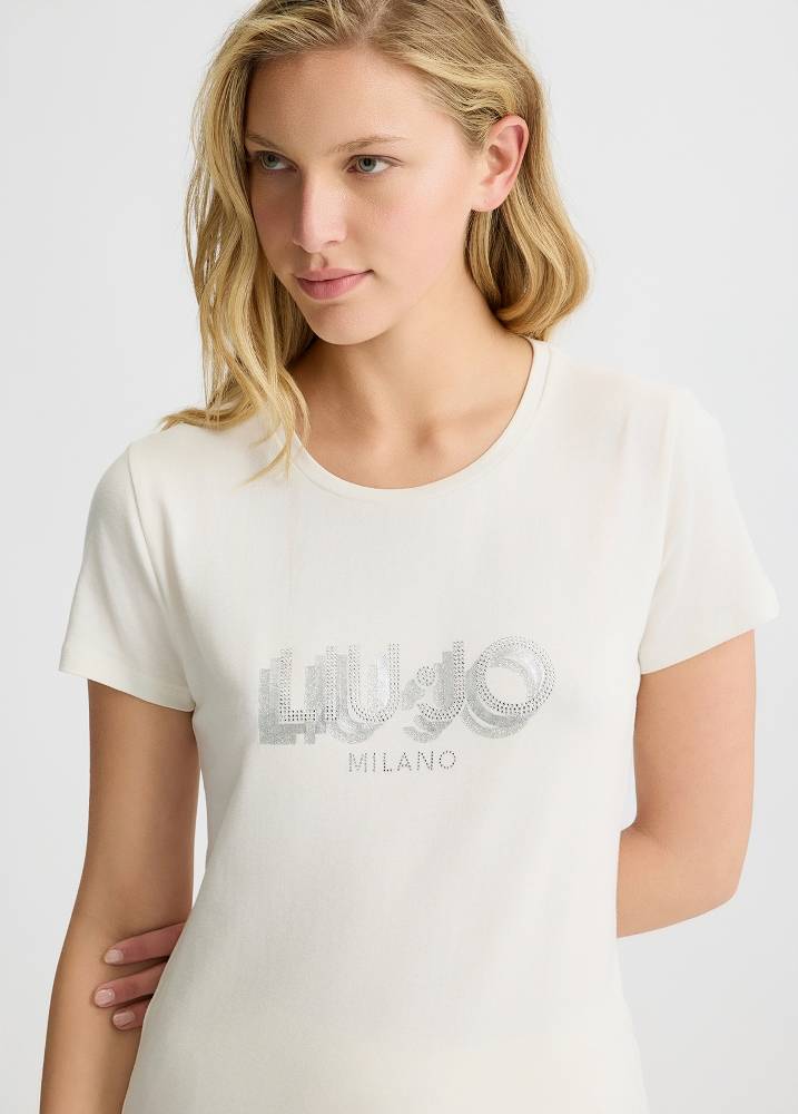 LIU JO T-SHIRT WITH LOGO AND GEMSTONES