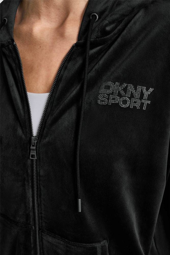 DKNY VELOUR RHINESTONE LOGO FULL ZIP HOODIE