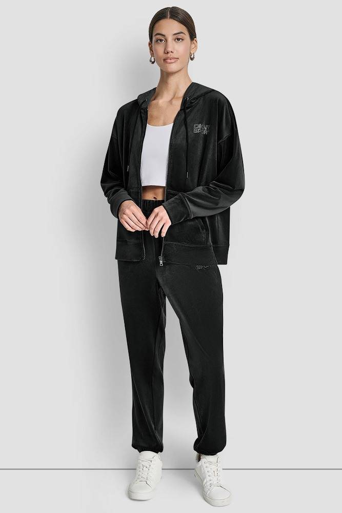 DKNY VELOUR RHINESTONE LOGO FULL ZIP HOODIE