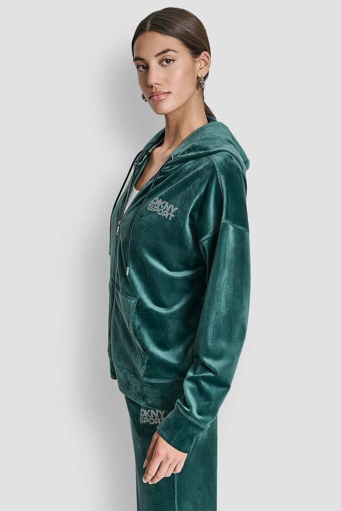 DKNY VELOUR RHINESTONE LOGO FULL ZIP HOODIE