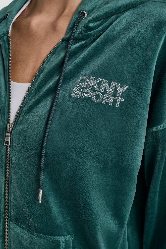 DKNY VELOUR RHINESTONE LOGO FULL ZIP HOODIE