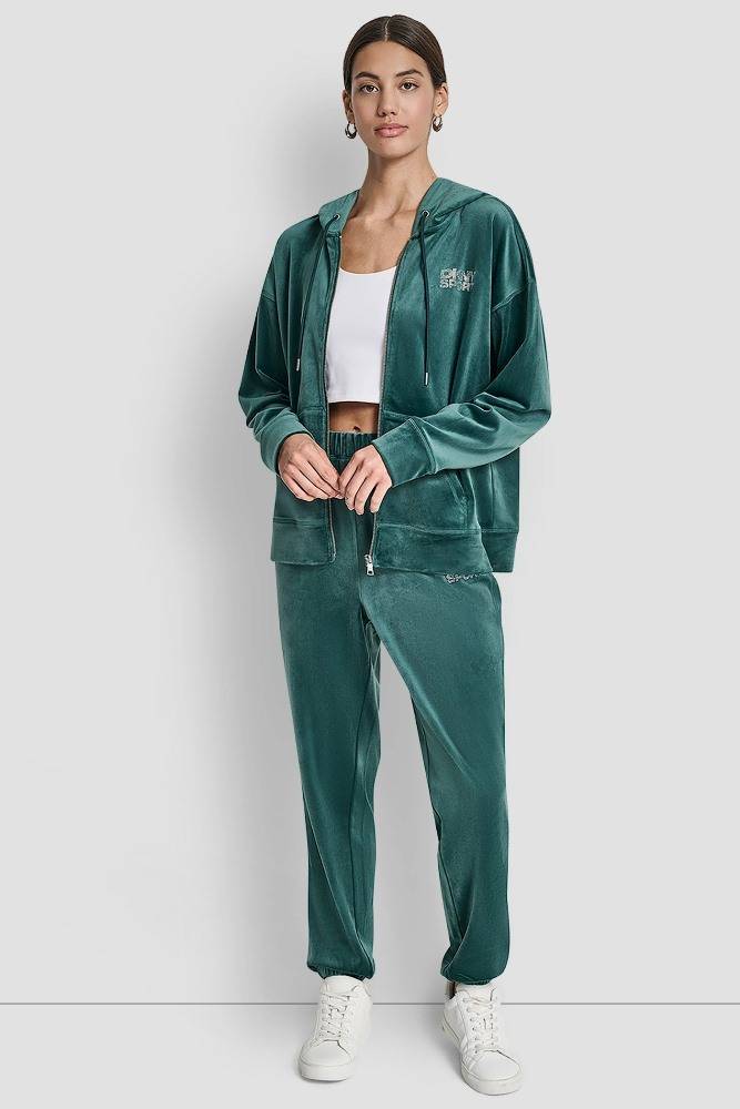 DKNY VELOUR RHINESTONE LOGO FULL ZIP HOODIE