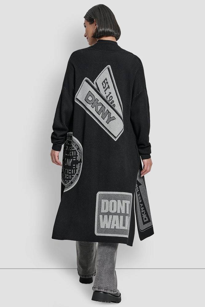 DKNY LONG SLEEVE OVERSIZED PATCH CARDIGAN SWEATER