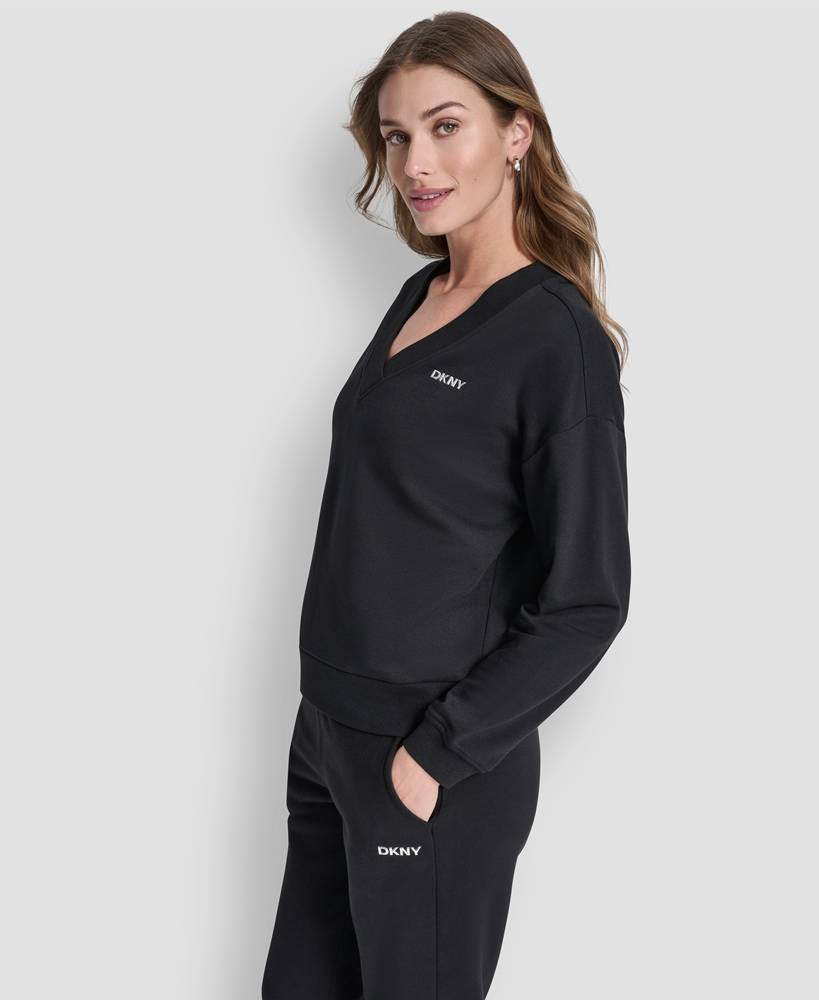 DKNY METALLIC BUBBLE LOGO V-NECK PULLOVER
