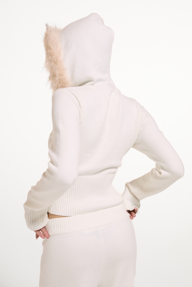 JUICY COUTURE KNIT JUICY DIAMANTE HOODIE WITH FUR TRIM