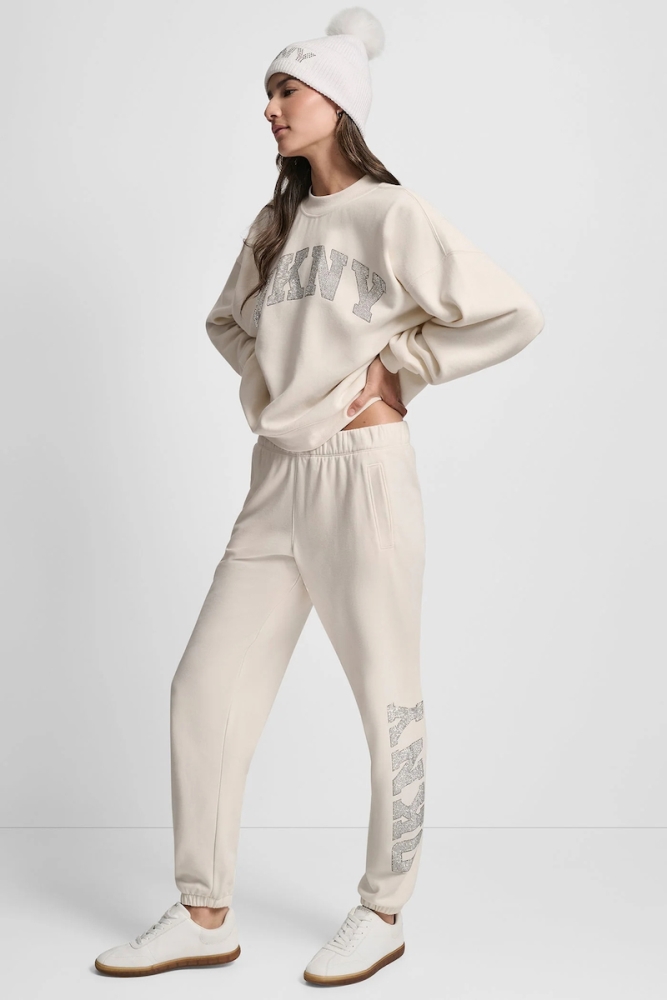 DKNY EXPLODED RHINESTONE VARISTY LOGO HIGH-RISE RELAXED