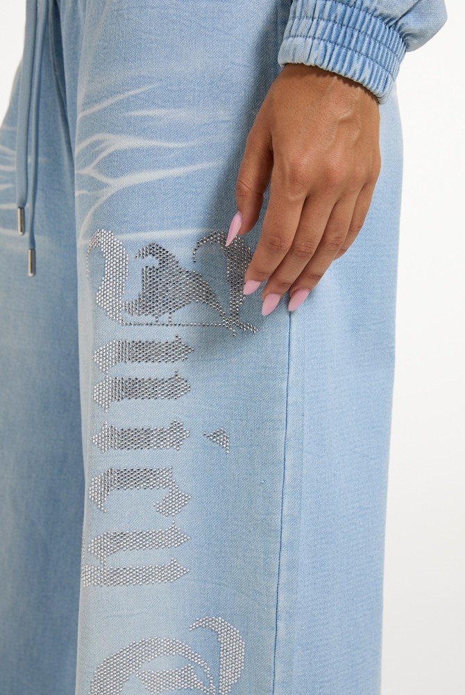 JUICY COUTURE LIGHT WASH DENIM FLEECE WIDE LEG TRACKPANT