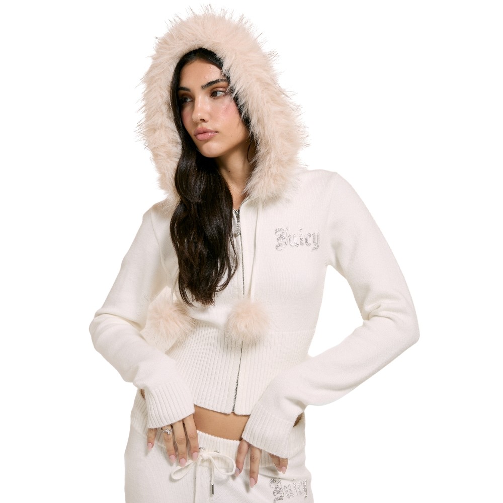 JUICY COUTURE KNIT JUICY DIAMANTE HOODIE WITH FUR TRIM