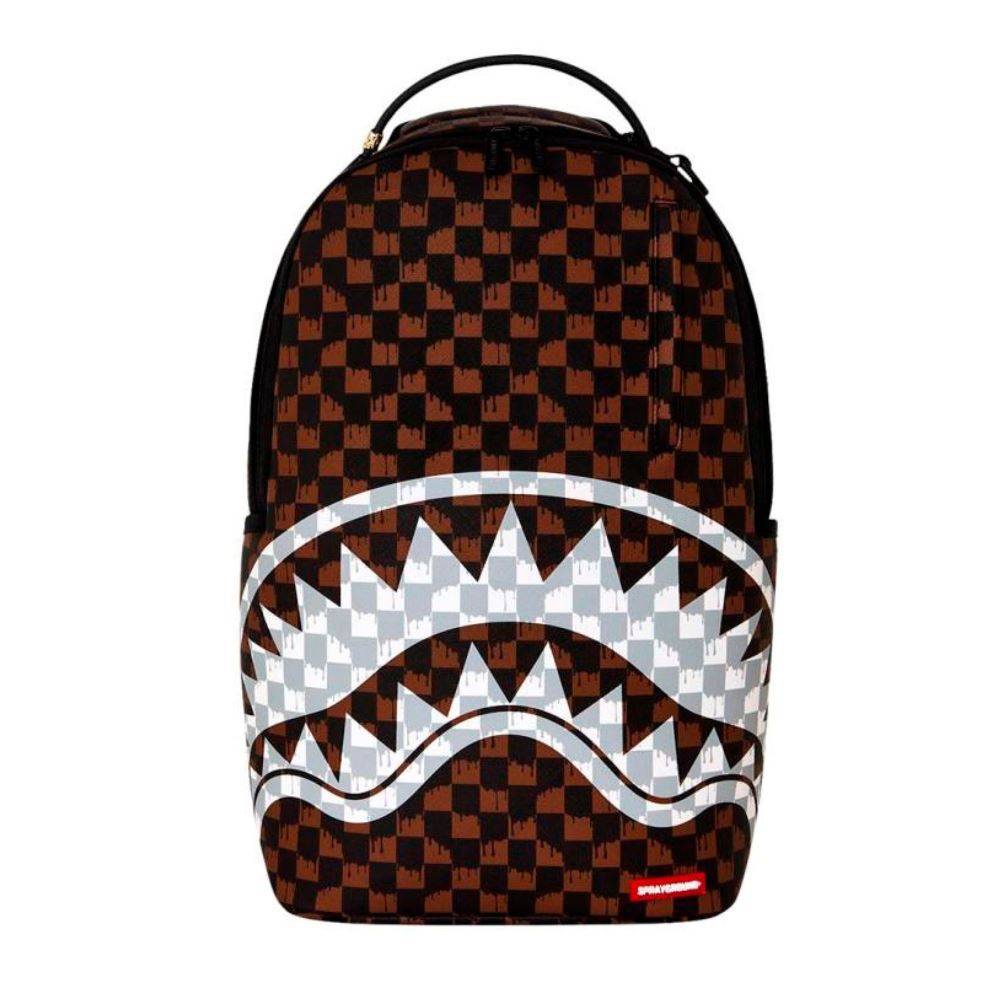 SPRAYGROUND BROWN AND CREAM DRIP CHECK SHARK DLXSV BACKPACK