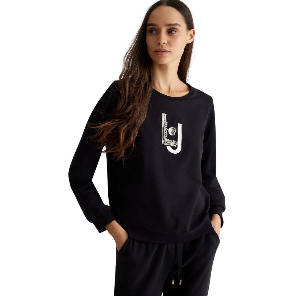 LIU JO SWEATER WITH LOGO AND GEMSTONES