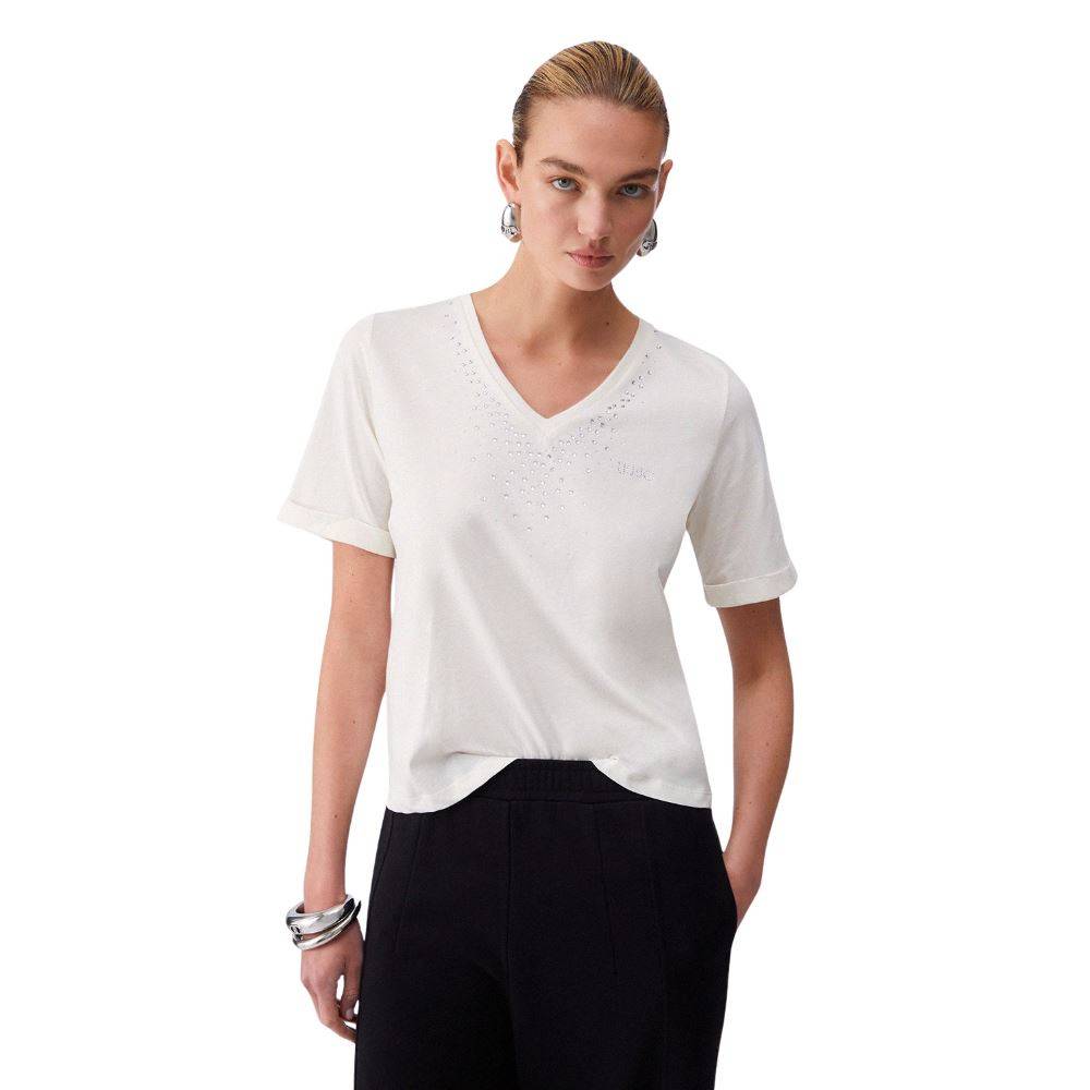 LIU JO V-NECK T-SHIRT WITH APPLIQUE RHINESTONES