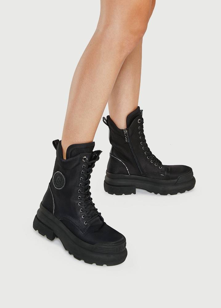 LIU JO AMY 09 - PLATFORM COMBACT BOOTS WITH RHINESTONES