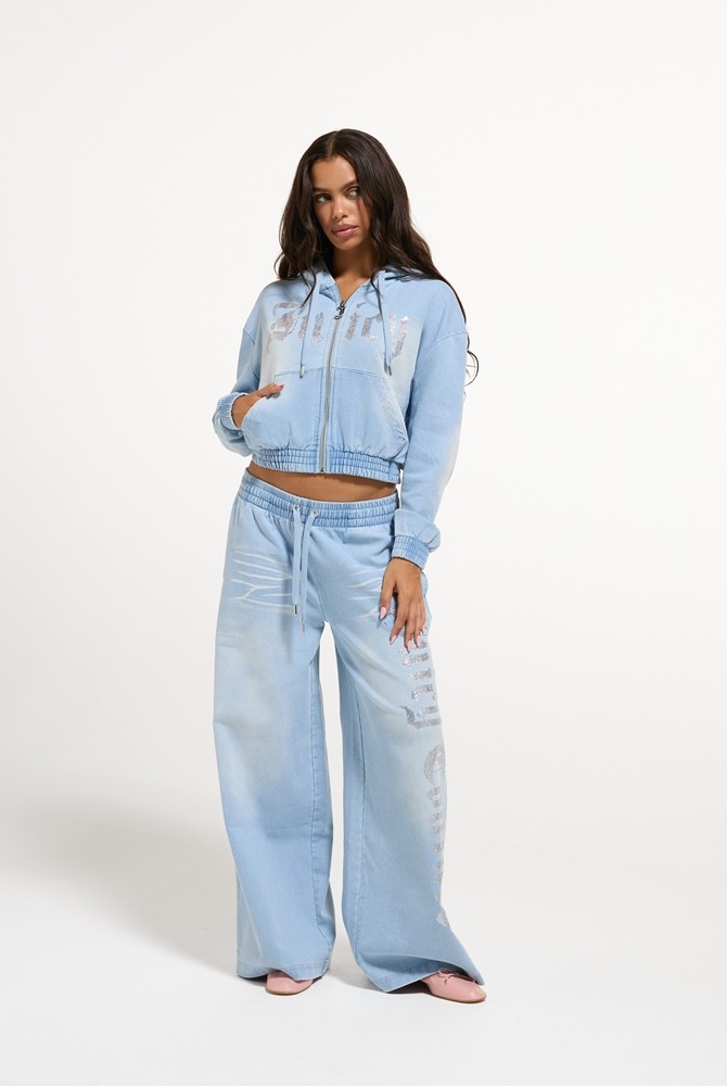 JUICY COUTURE LIGHT WASH DENIM FLEECE WIDE LEG TRACKPANT
