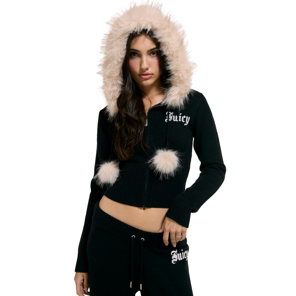 JUICY COUTURE KNIT JUICY DIAMANTE HOODIE WITH FUR TRIM