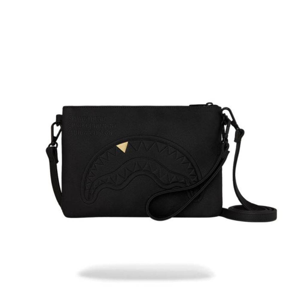 SPRAYGROUND BLACKED OUT EMBOSSED GOLD TOOTH CROSSOVER CLUTCH