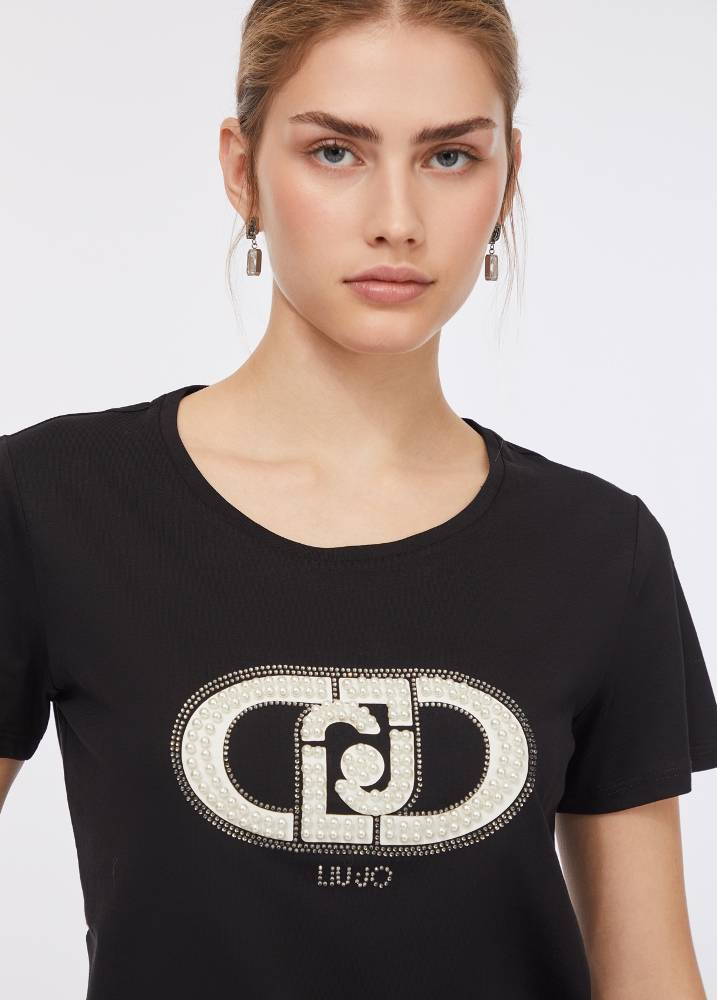 LIU JO COTTON JERSEY T-SHIRT WITH LOGO AND RHINESTONES