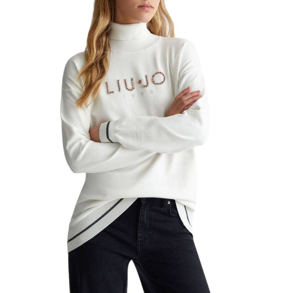 LIU JO TURTLENECK WITH LOGO AND RHINESTONES