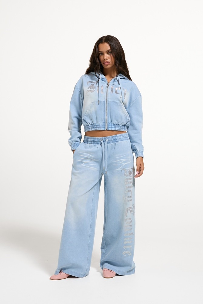 JUICY COUTURE LIGHT WASH DENIM FLEECE SMOCKED HOODIE