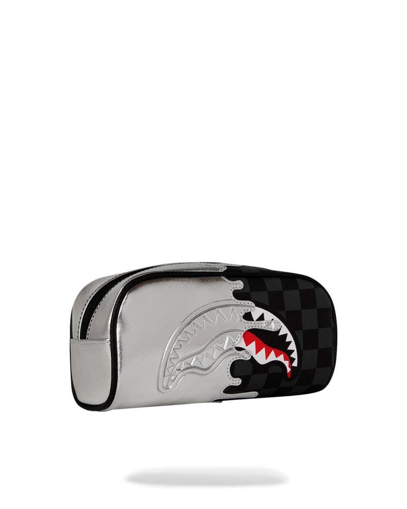 SPRAYGROUND SILVER SIDE DRIP BLACK CHECK PENCIL POUCH