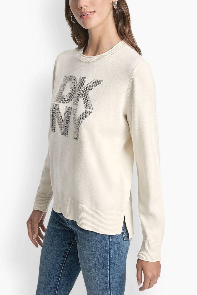 DKNY EMBELLISED KNITTED CREW TOP