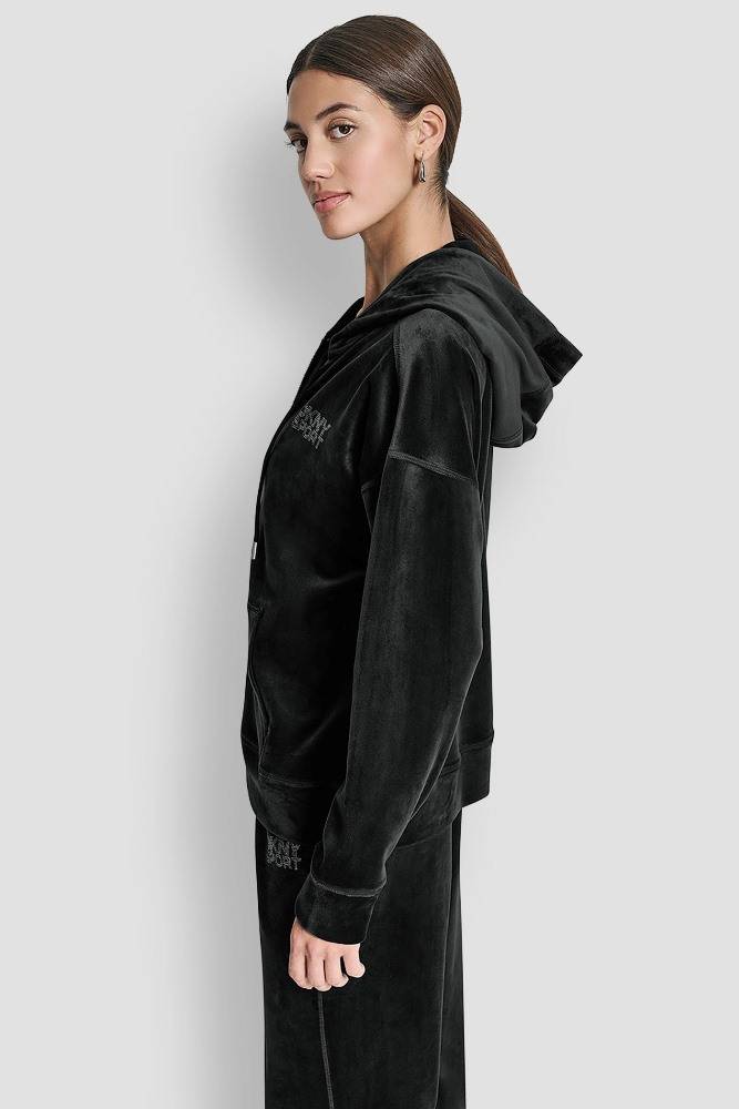 DKNY VELOUR RHINESTONE LOGO FULL ZIP HOODIE