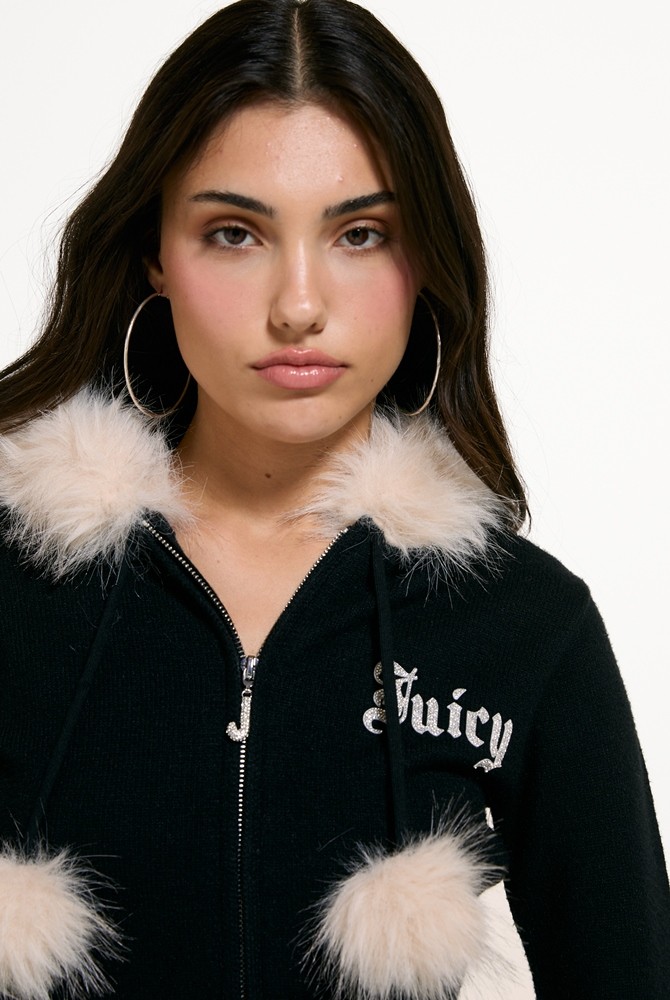 JUICY COUTURE KNIT JUICY DIAMANTE HOODIE WITH FUR TRIM