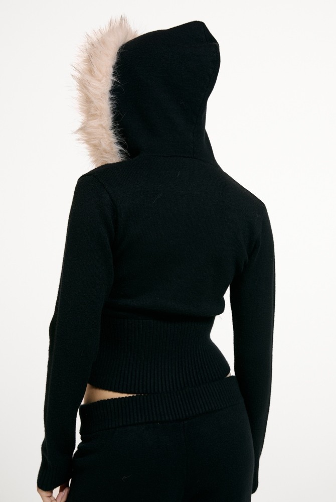 JUICY COUTURE KNIT JUICY DIAMANTE HOODIE WITH FUR TRIM