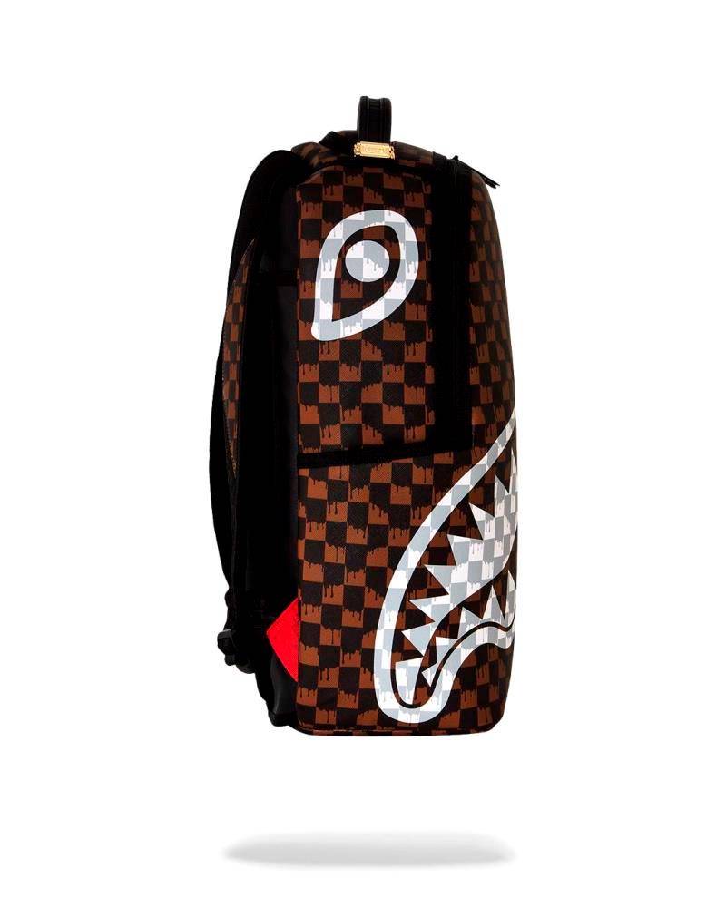 SPRAYGROUND BROWN AND CREAM DRIP CHECK SHARK DLXSV BACKPACK