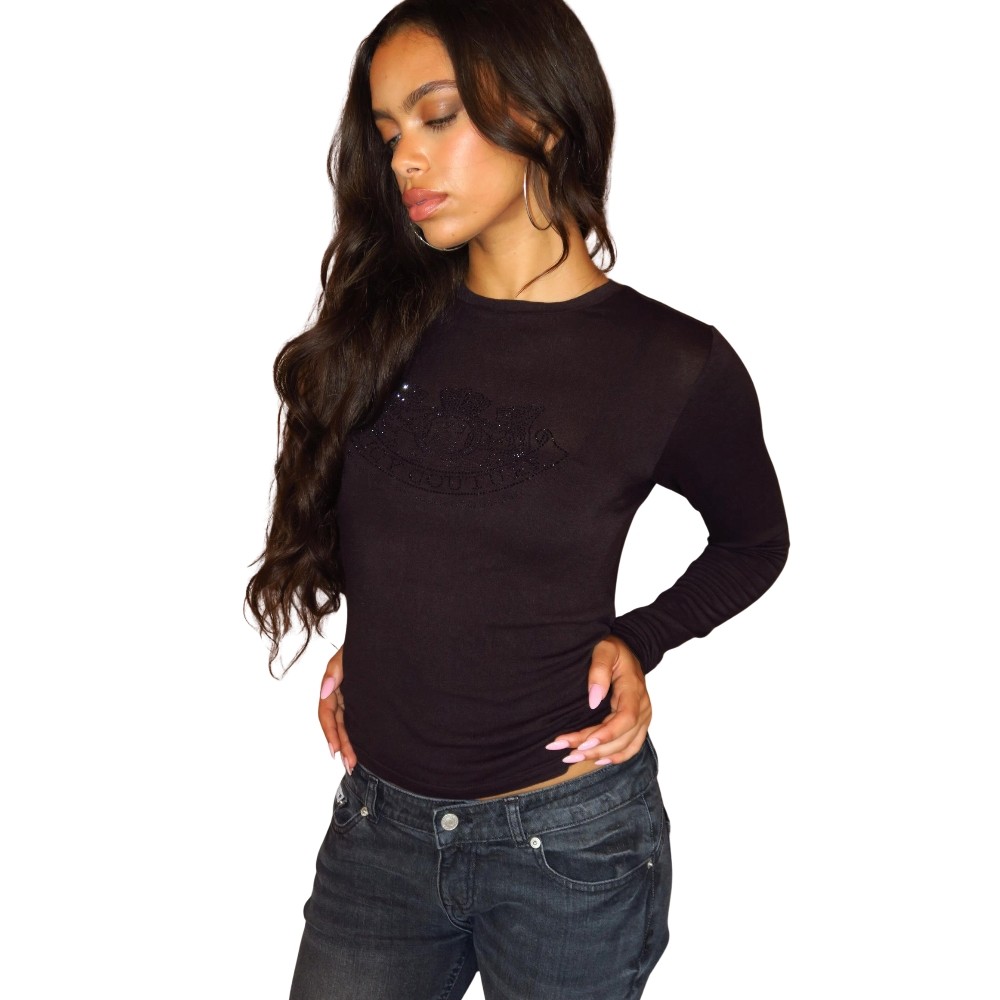 JUICY COUTURE DIAMANTE DOG CREST LONG SLEEVE T-SHIRT
