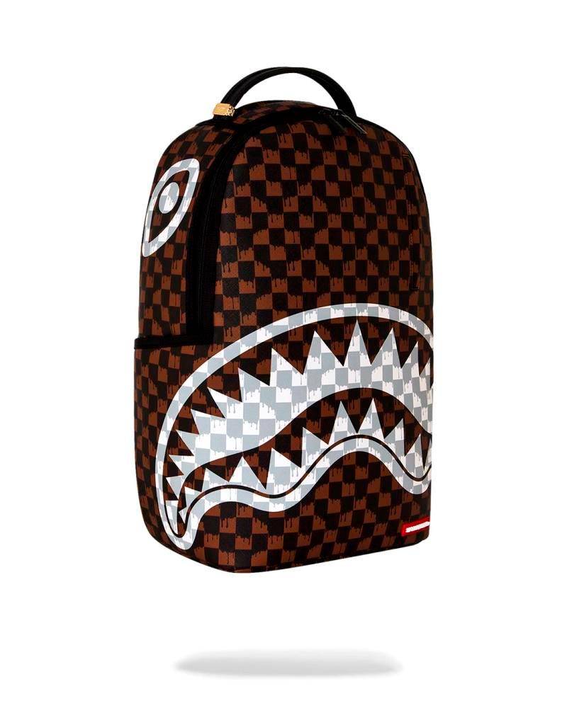 SPRAYGROUND BROWN AND CREAM DRIP CHECK SHARK DLXSV BACKPACK