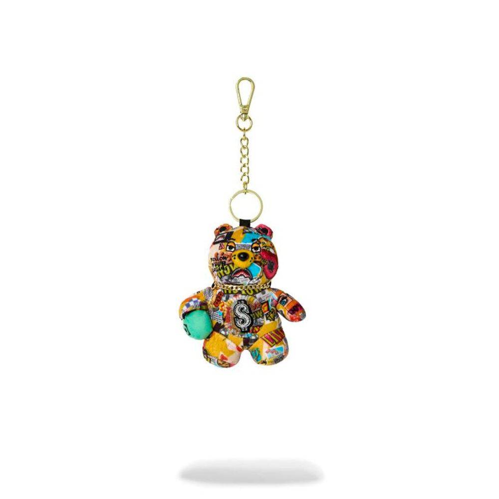 SPRAYGROUND MAGAZINE COLLAGE BEAR KEYCHAIN