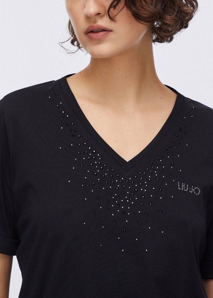 LIU JO V-NECK T-SHIRT WITH APPLIQUE RHINESTONES