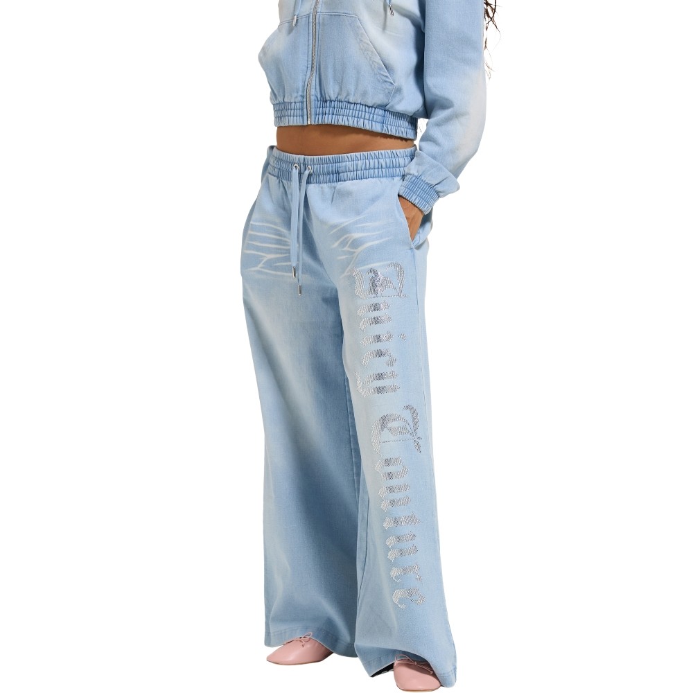 JUICY COUTURE LIGHT WASH DENIM FLEECE WIDE LEG TRACKPANT