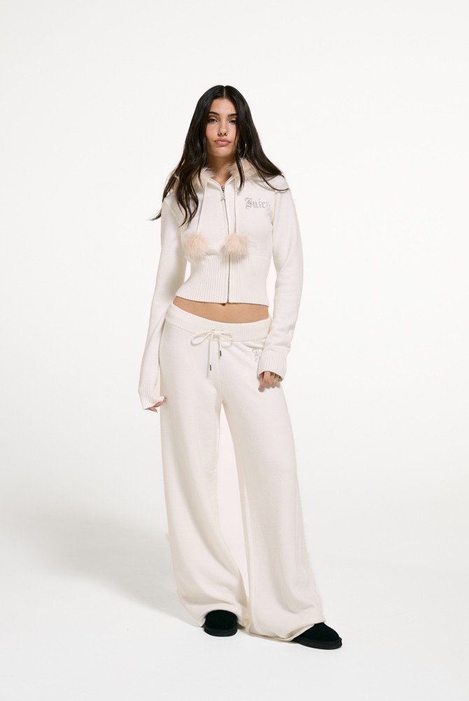 JUICY COUTURE KNIT JUICY DIAMANTE HOODIE WITH FUR TRIM