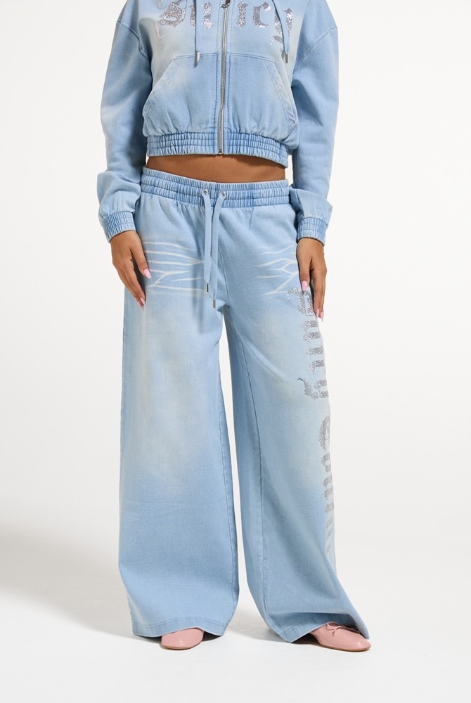 JUICY COUTURE LIGHT WASH DENIM FLEECE WIDE LEG TRACKPANT